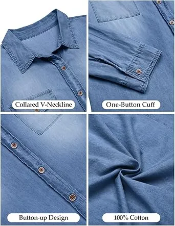 Vetinee Women's Lapel Button Down Collared Casual Long Sleeve Pocket Denim Shirt Tops