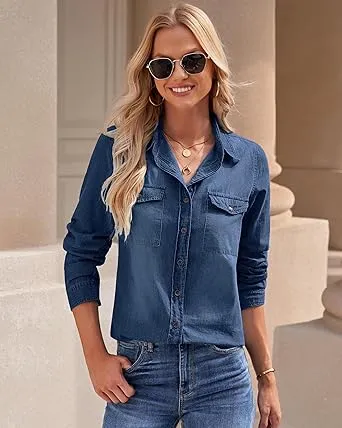 Vetinee Women's Lapel Button Down Collared Casual Long Sleeve Pocket Denim Shirt Tops