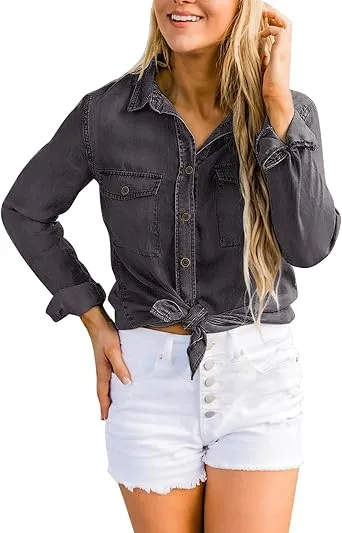 Vetinee Women's Lapel Button Down Collared Casual Long Sleeve Pocket Denim Shirt Tops