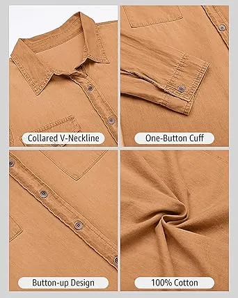 Vetinee Women's Lapel Button Down Collared Casual Long Sleeve Pocket Denim Shirt Tops