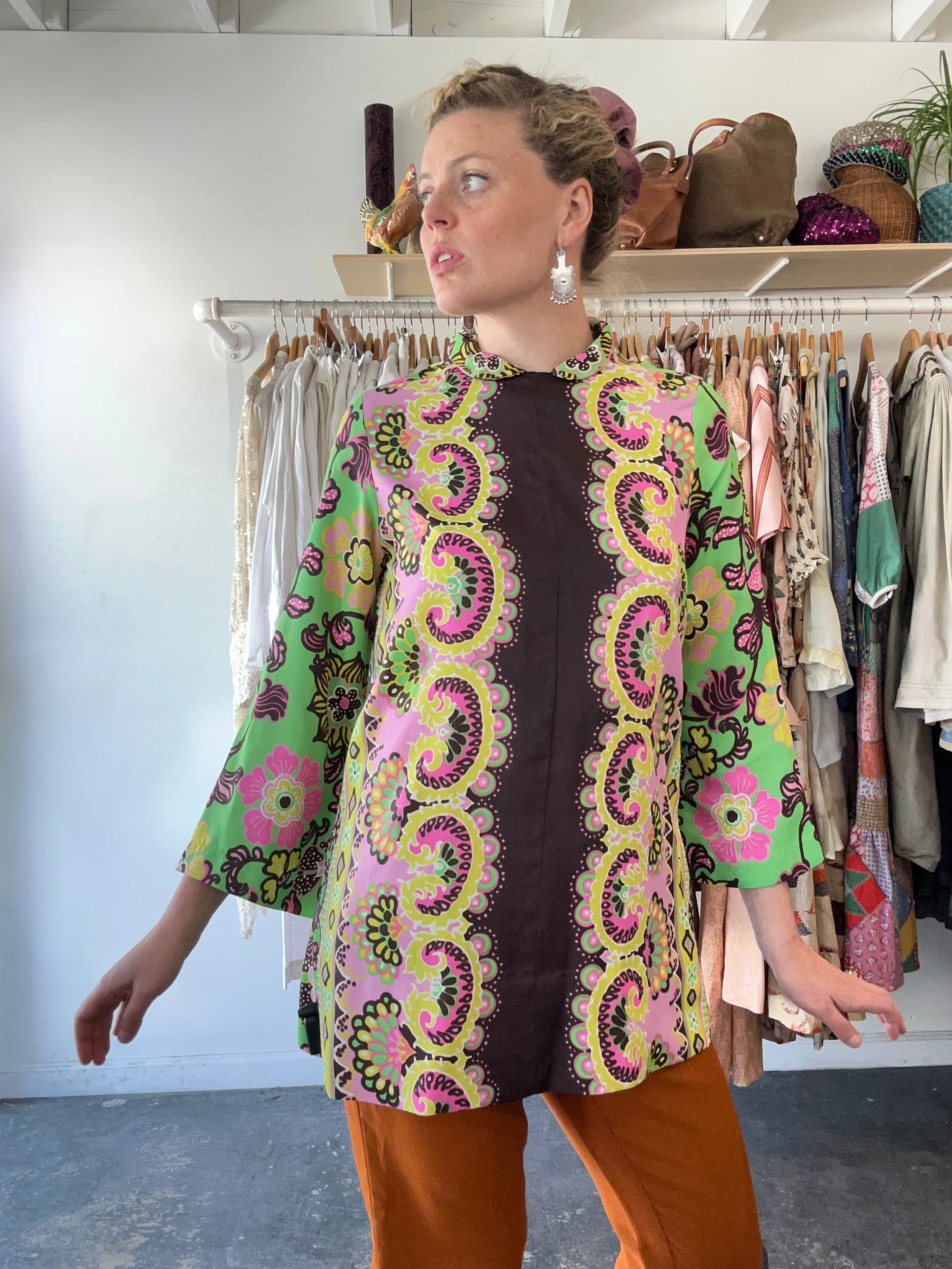 Vintage Green, Pink & Brown Mod Floral Tunic