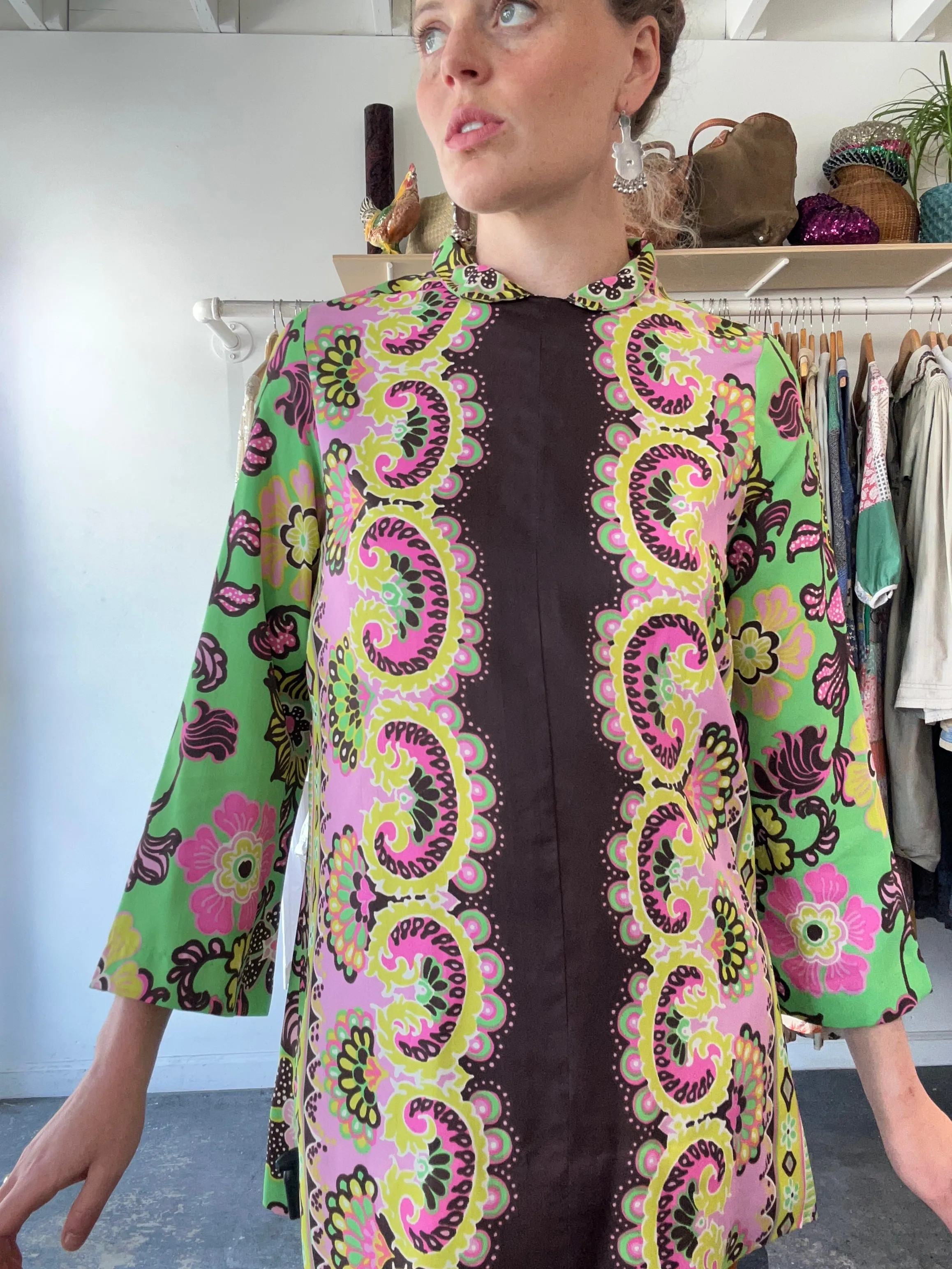 Vintage Green, Pink & Brown Mod Floral Tunic