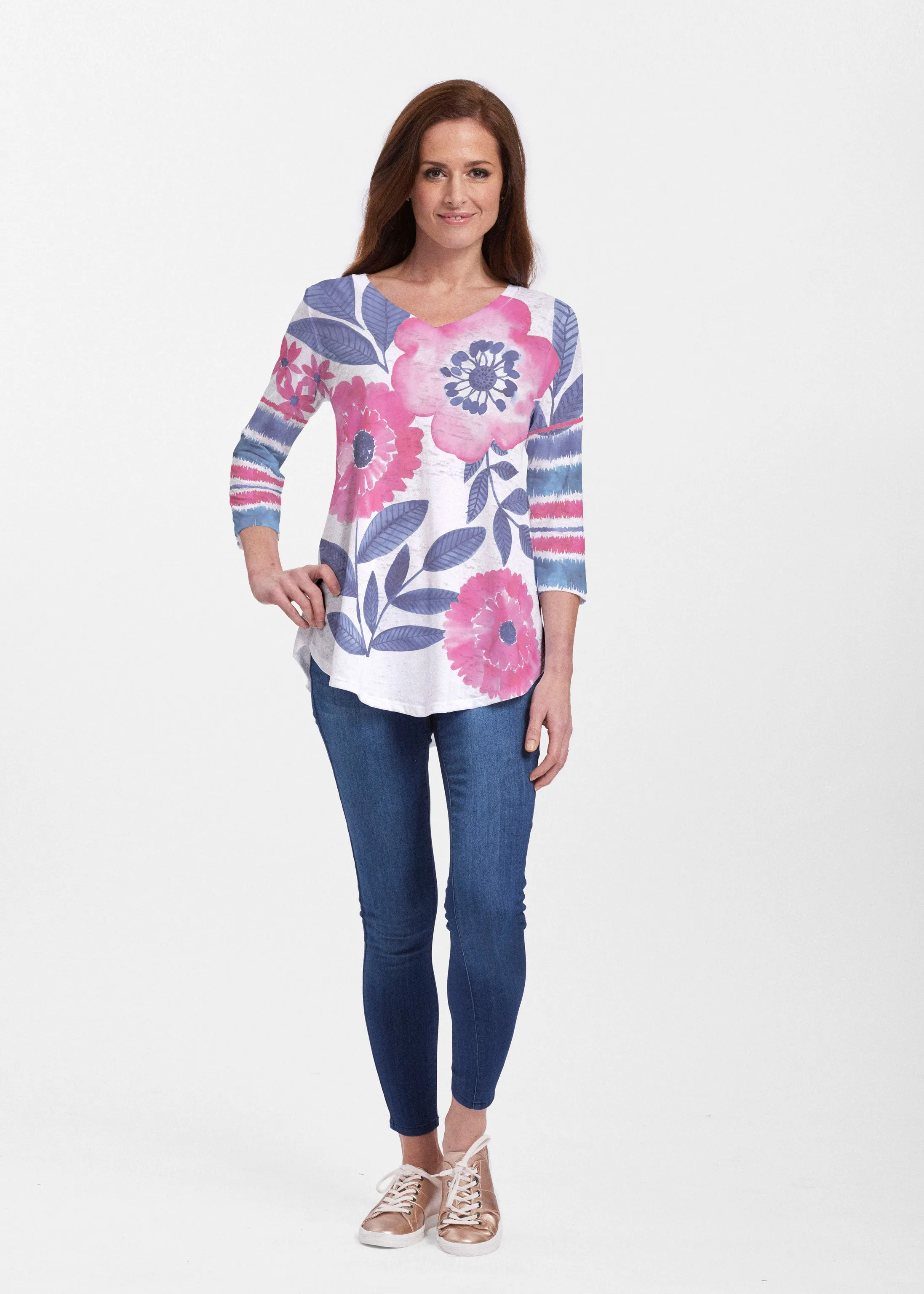 Watercolor Blooms (13355) ~ Signature V-neck Flowy Tunic