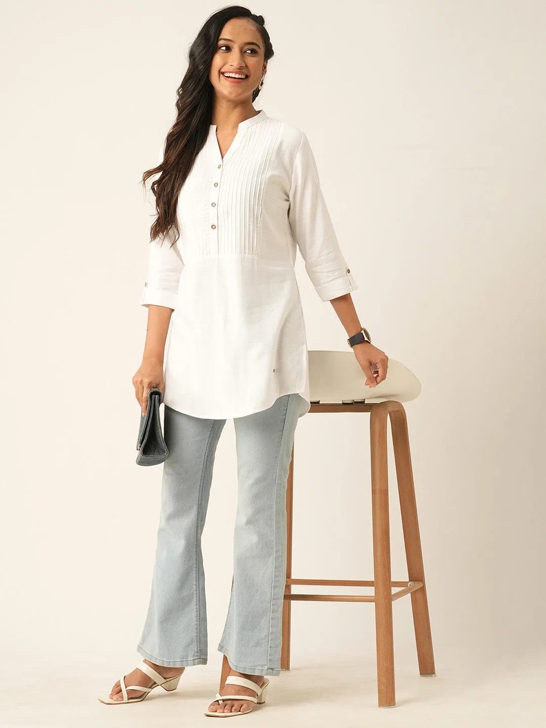 White Comfort Fit Rayon Tunics for Women Online in India Hip Length Straight - Zola