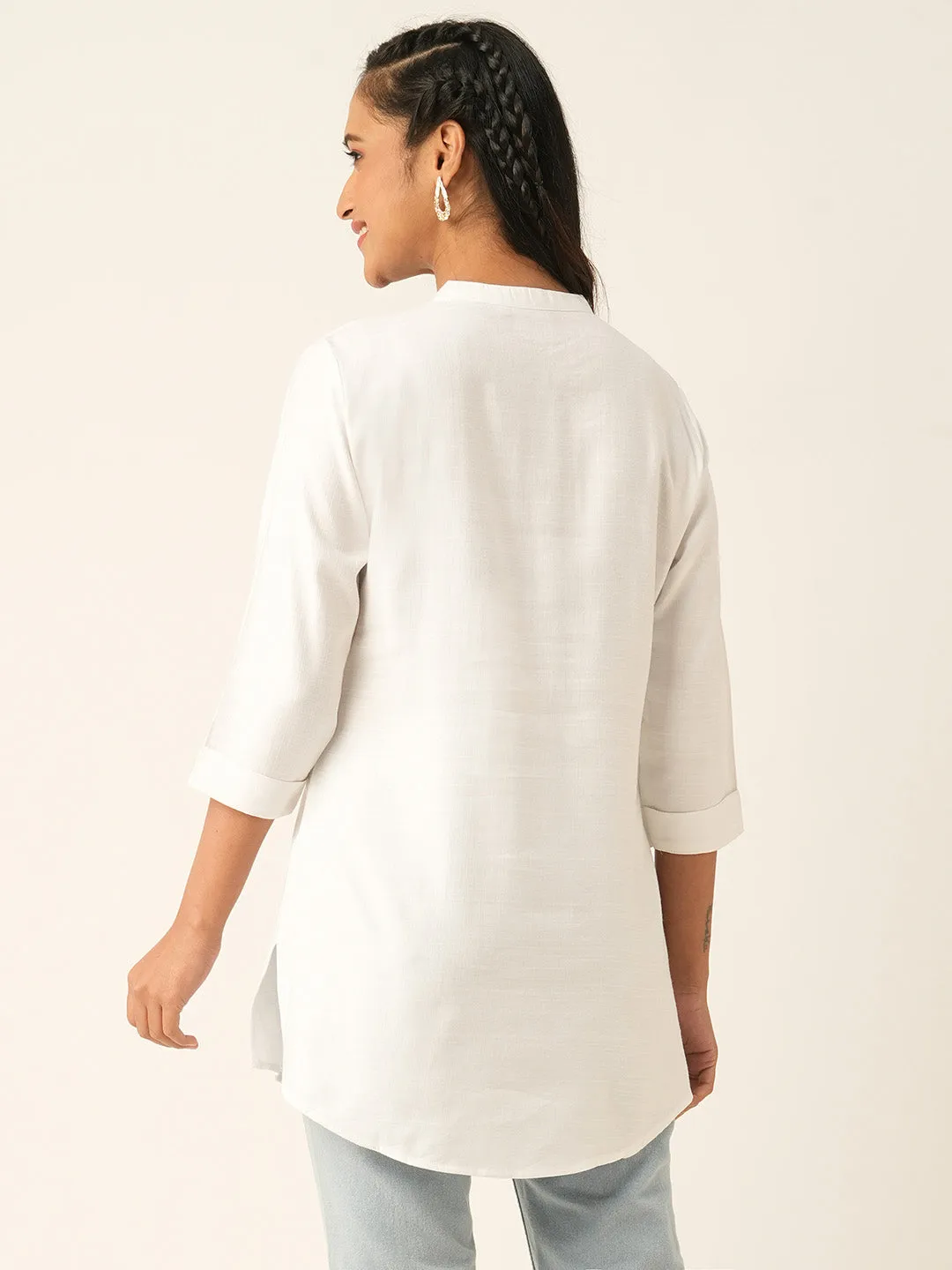 White Comfort Fit Rayon Tunics for Women Online in India Hip Length Straight - Zola