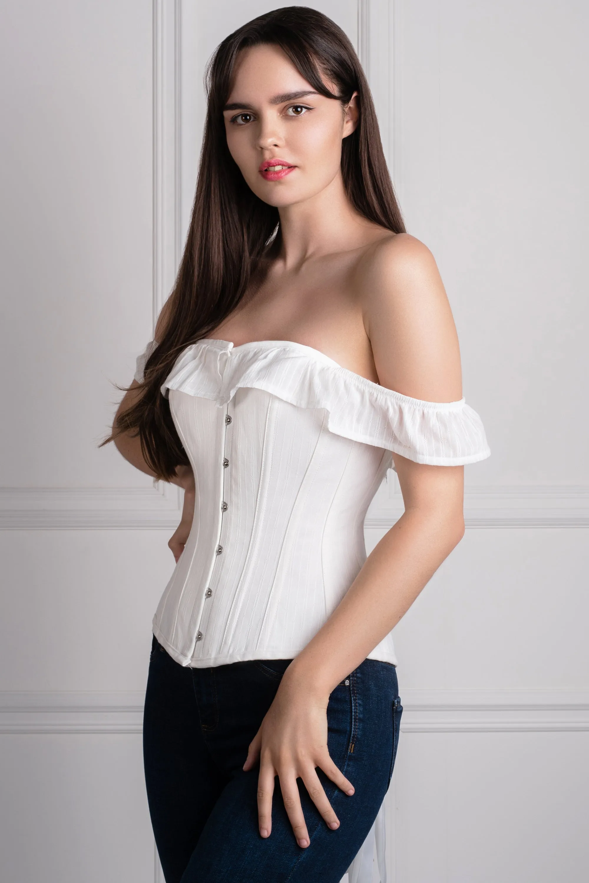 White Cotton Straight Bustline Corset Top With Off The Shoulder Sleeves