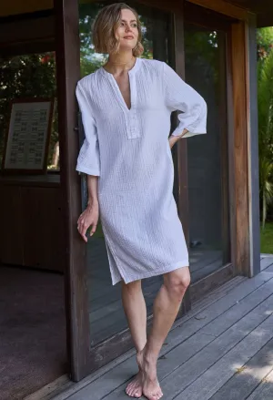 White Short Gauze Tunic Dress with Pockets