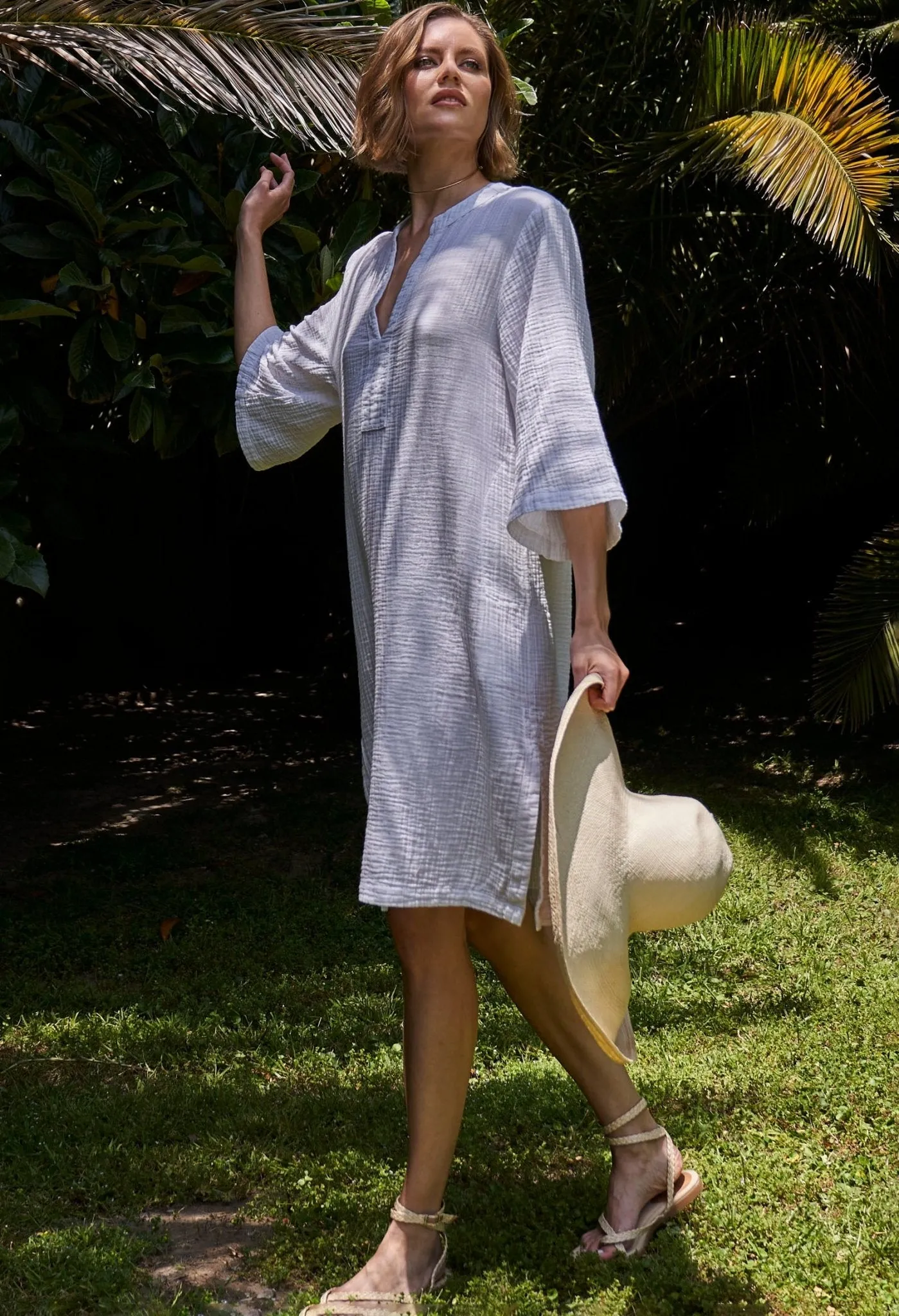 White Short Gauze Tunic Dress with Pockets