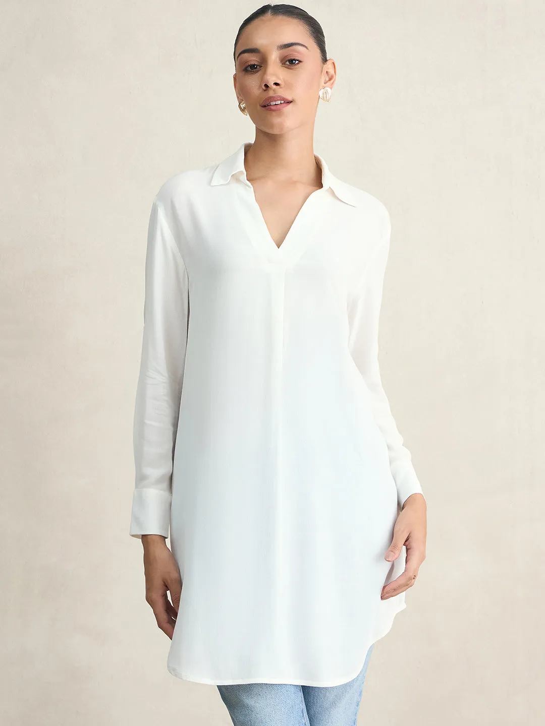 White V-Neck Viscose Tunic
