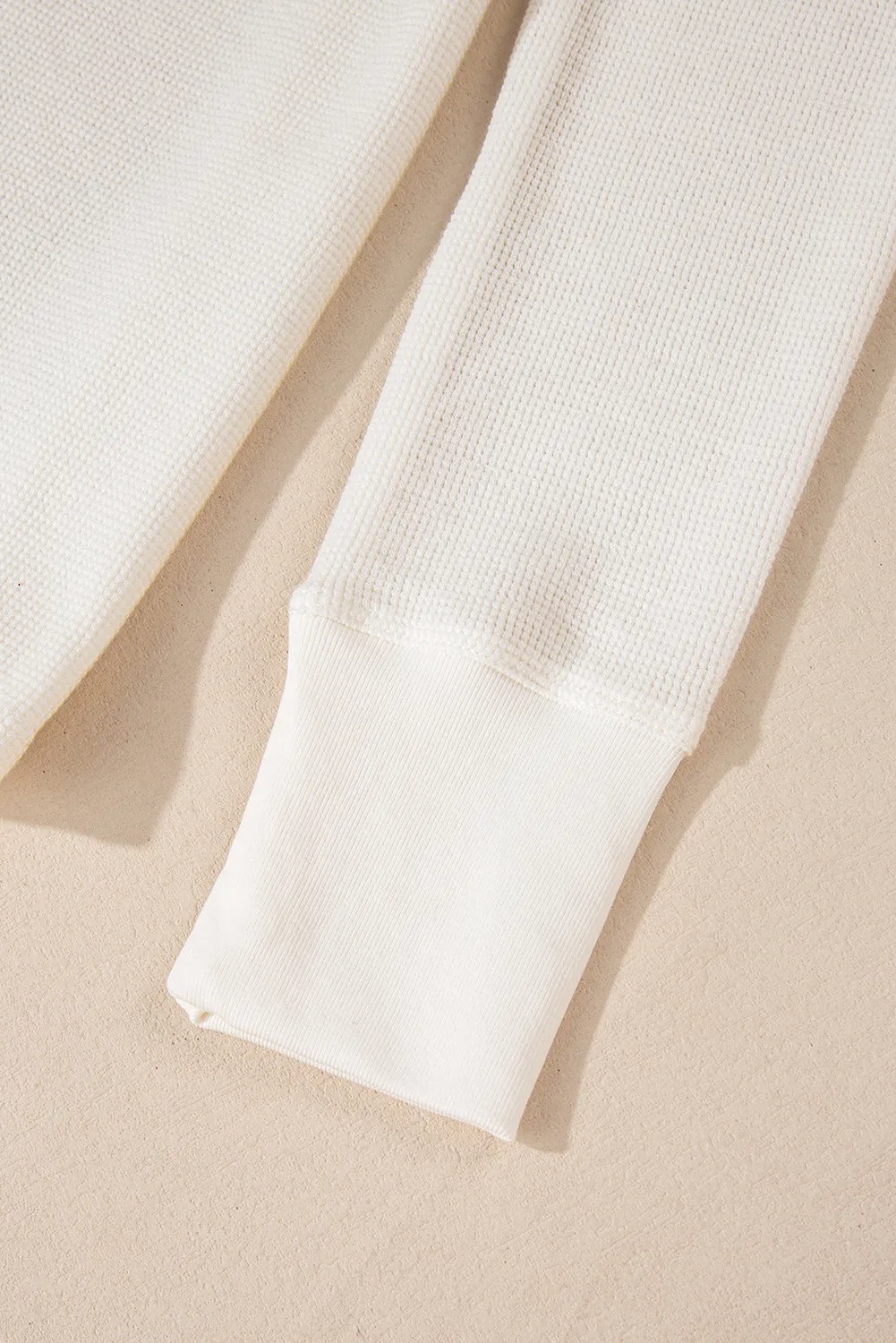 white Waffle Half Button Long Sleeve Top