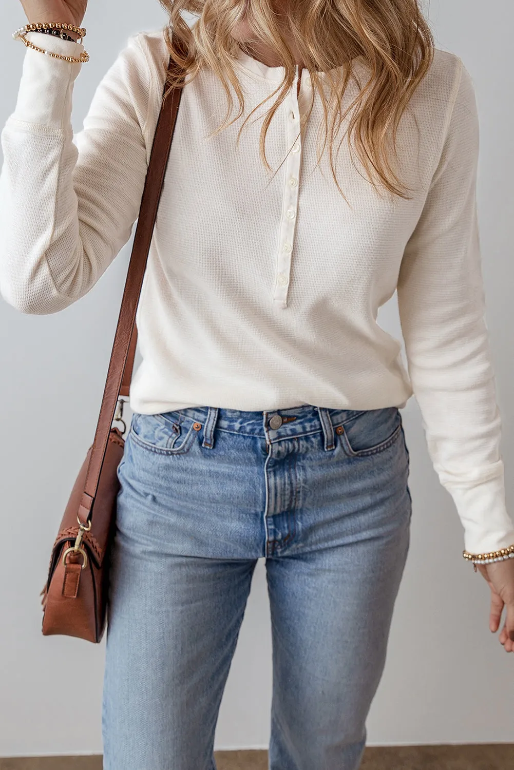 white Waffle Half Button Long Sleeve Top
