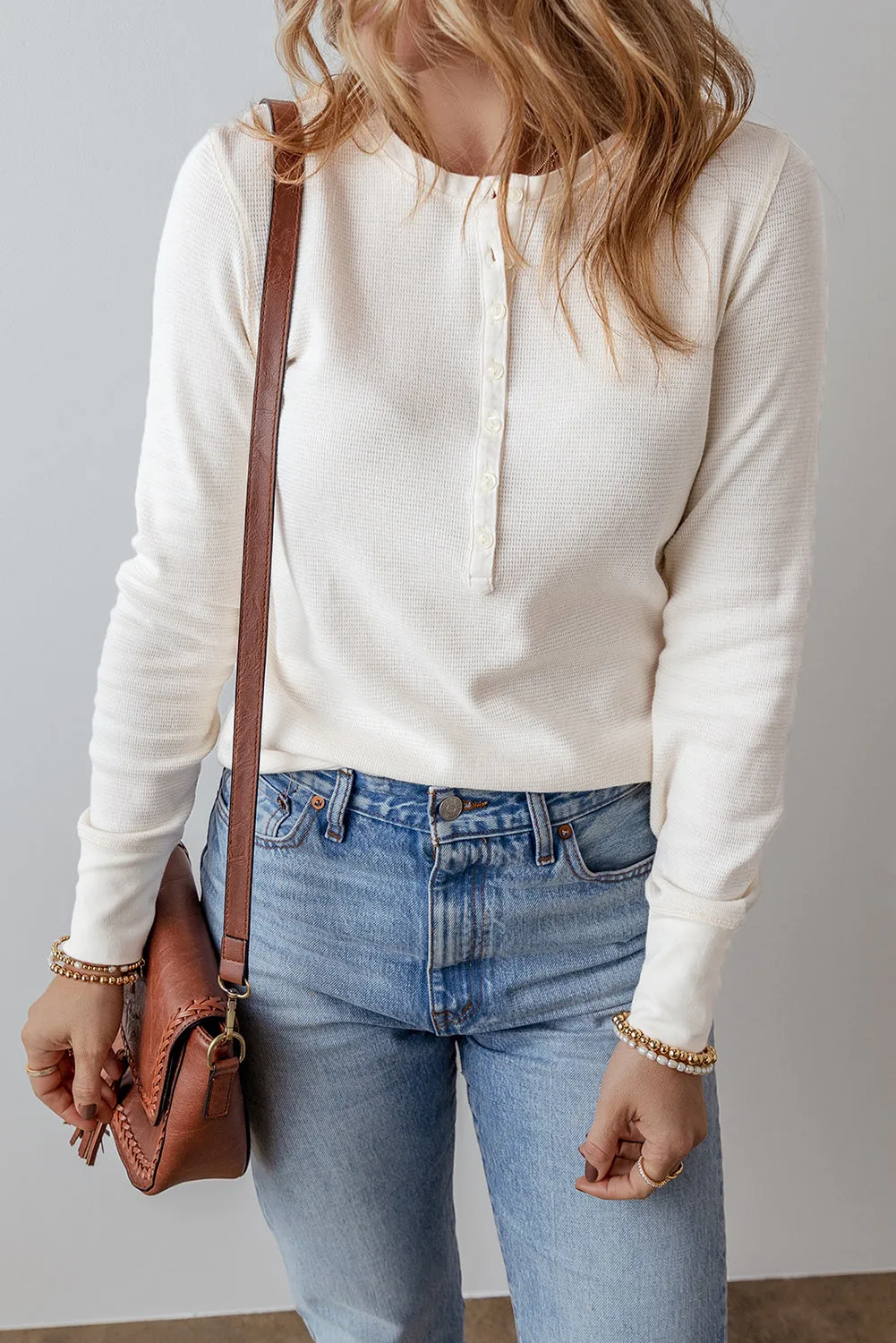 white Waffle Half Button Long Sleeve Top