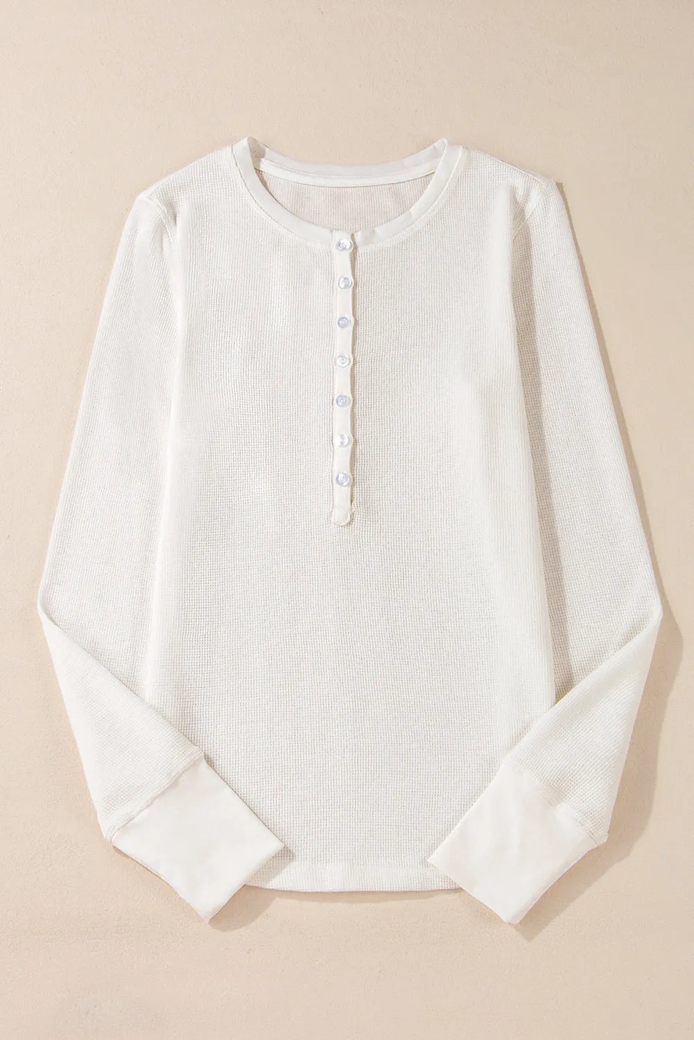 white Waffle Half Button Long Sleeve Top