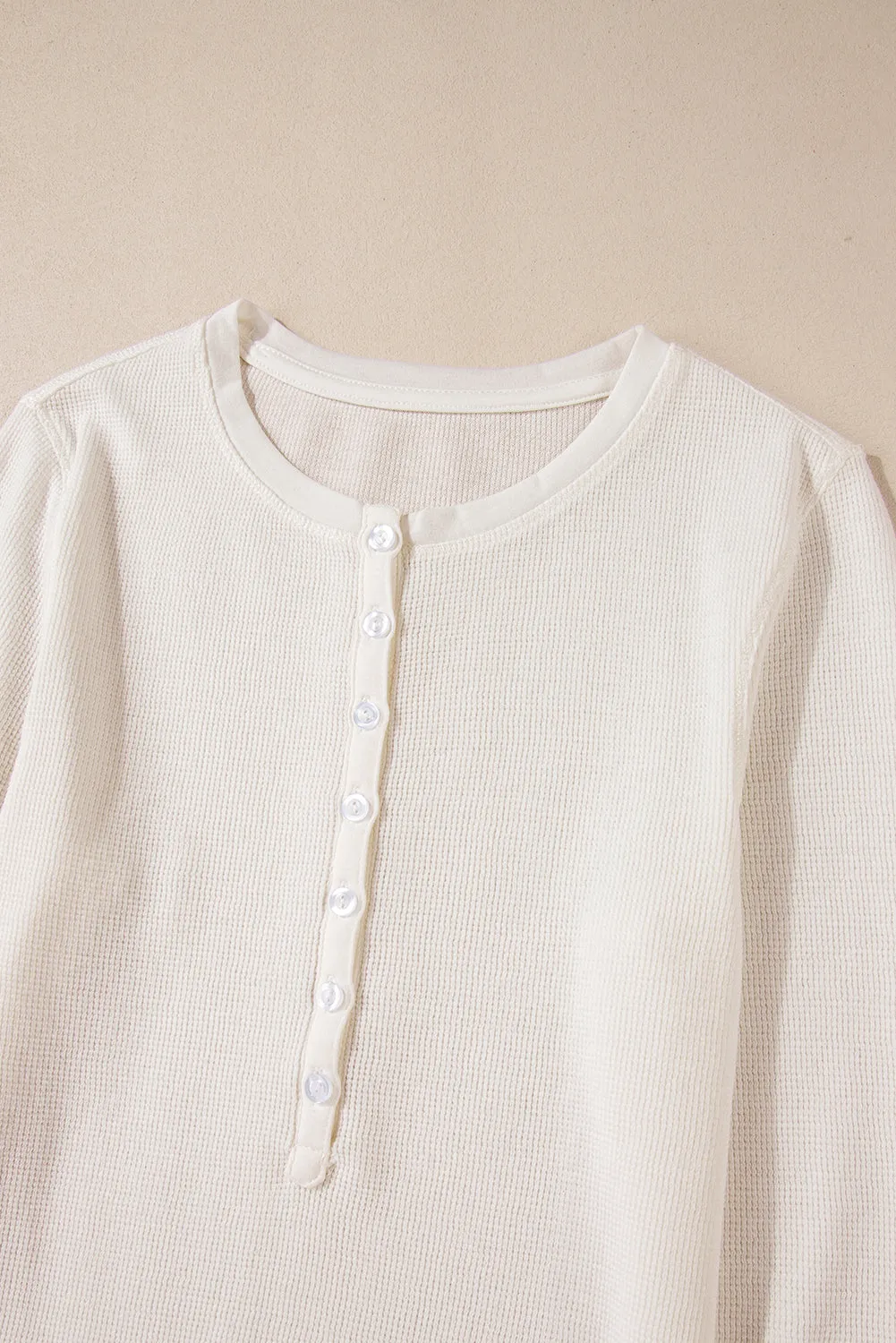 white Waffle Half Button Long Sleeve Top