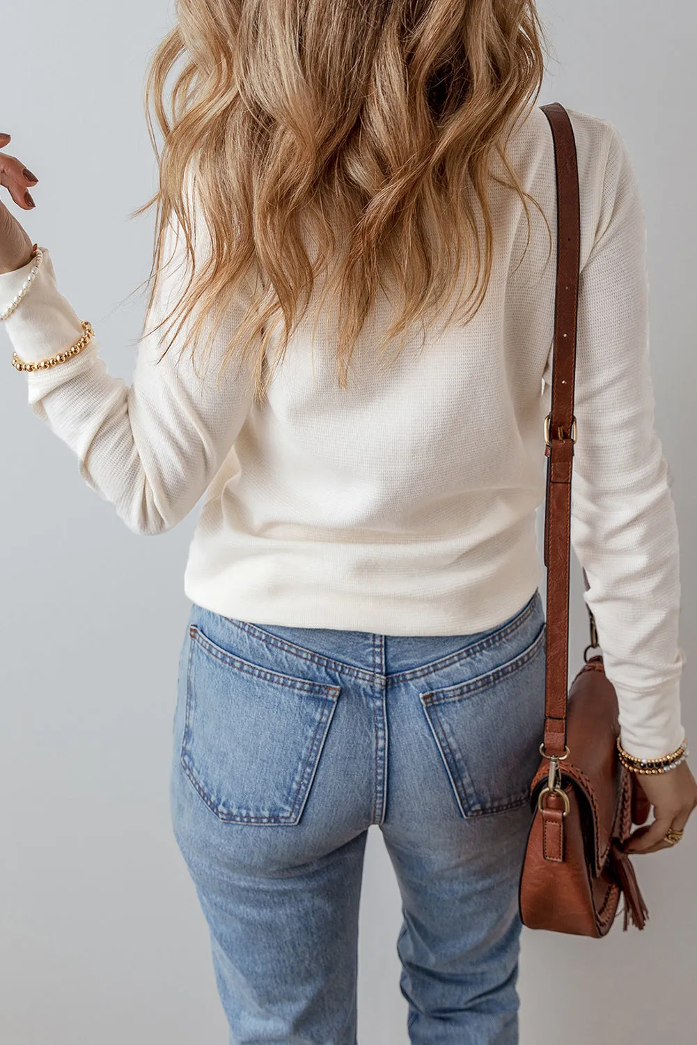 white Waffle Half Button Long Sleeve Top