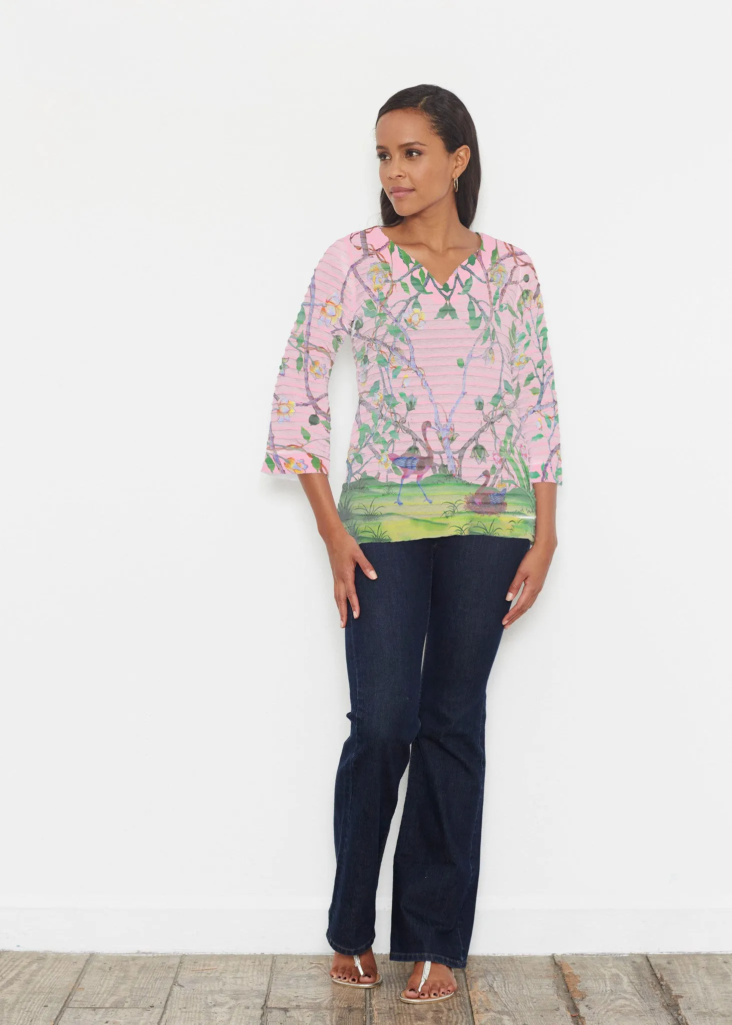 Wildwood Pink (19121) ~ Banded 3/4 Bell-Sleeve V-Neck Tunic