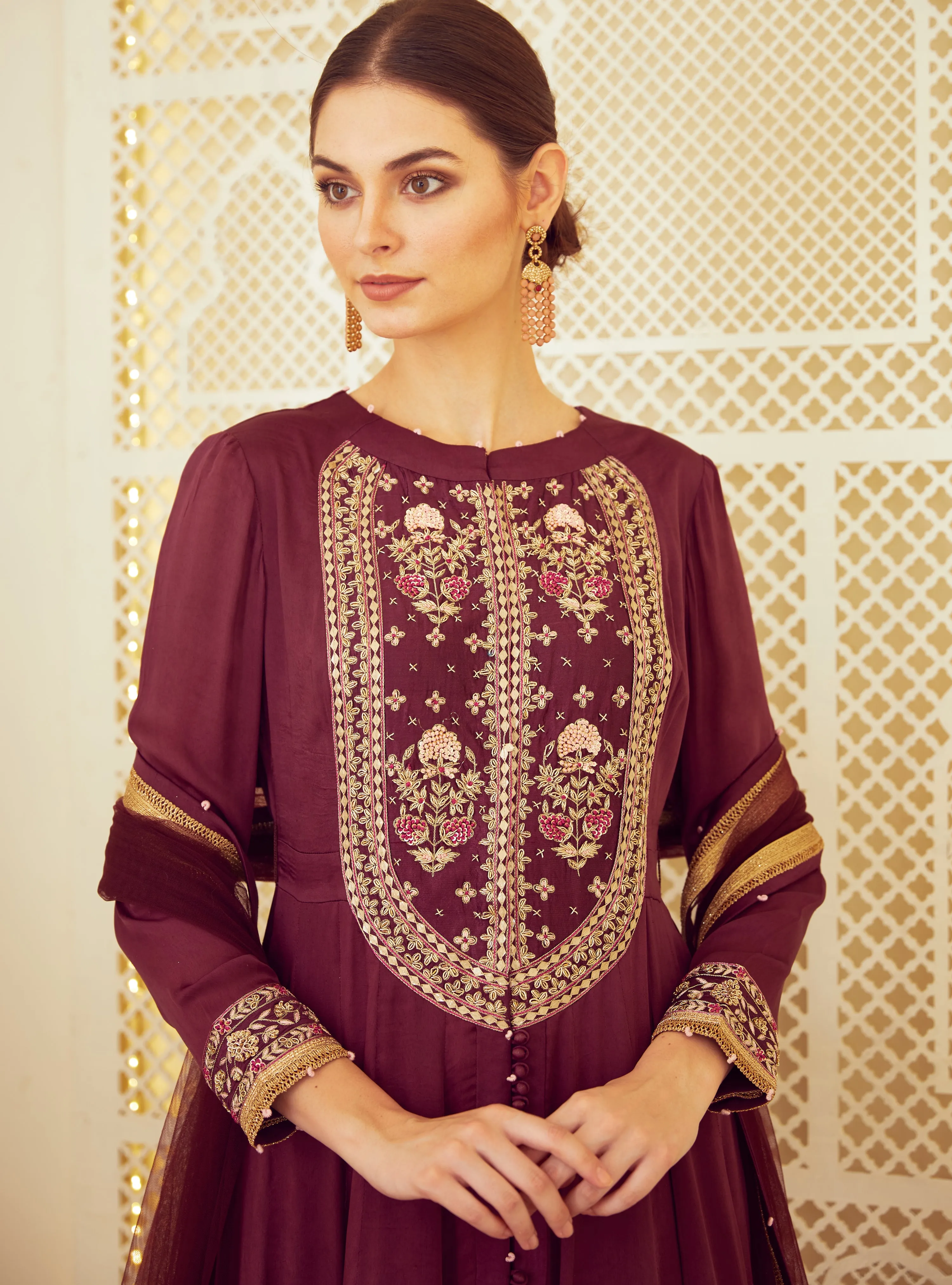 Wine Anarkali With Trouser