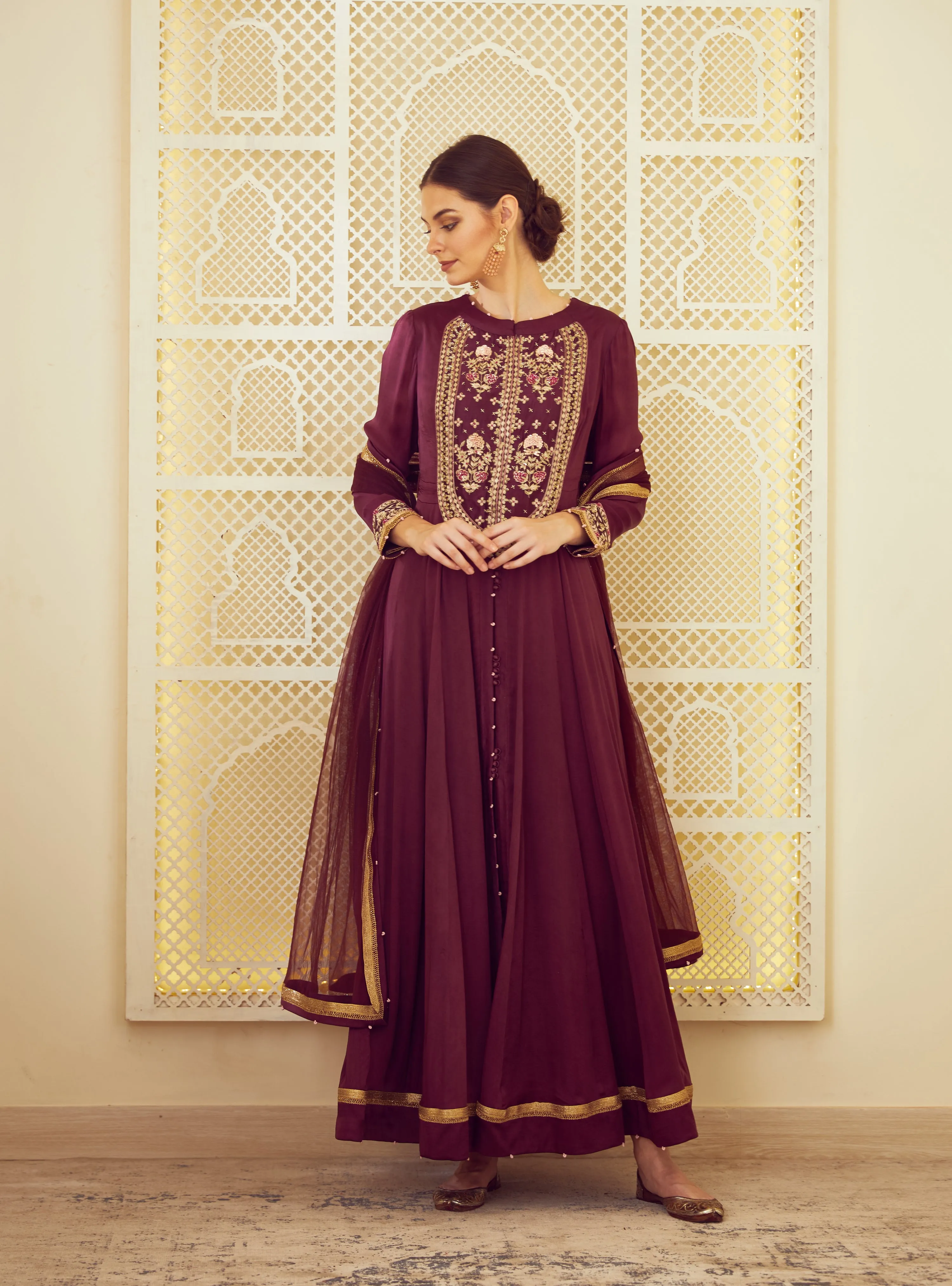 Wine Anarkali With Trouser