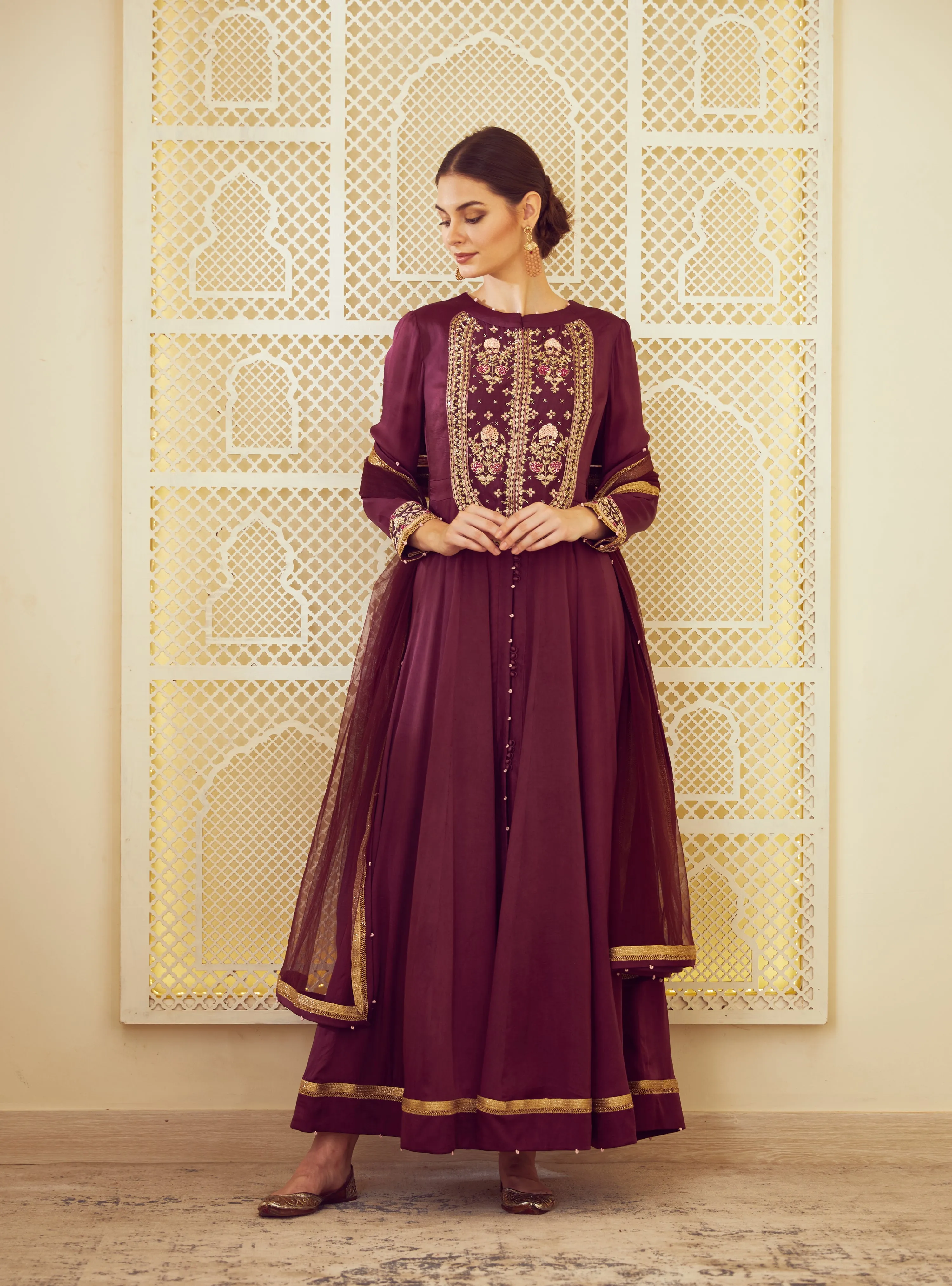 Wine Anarkali With Trouser