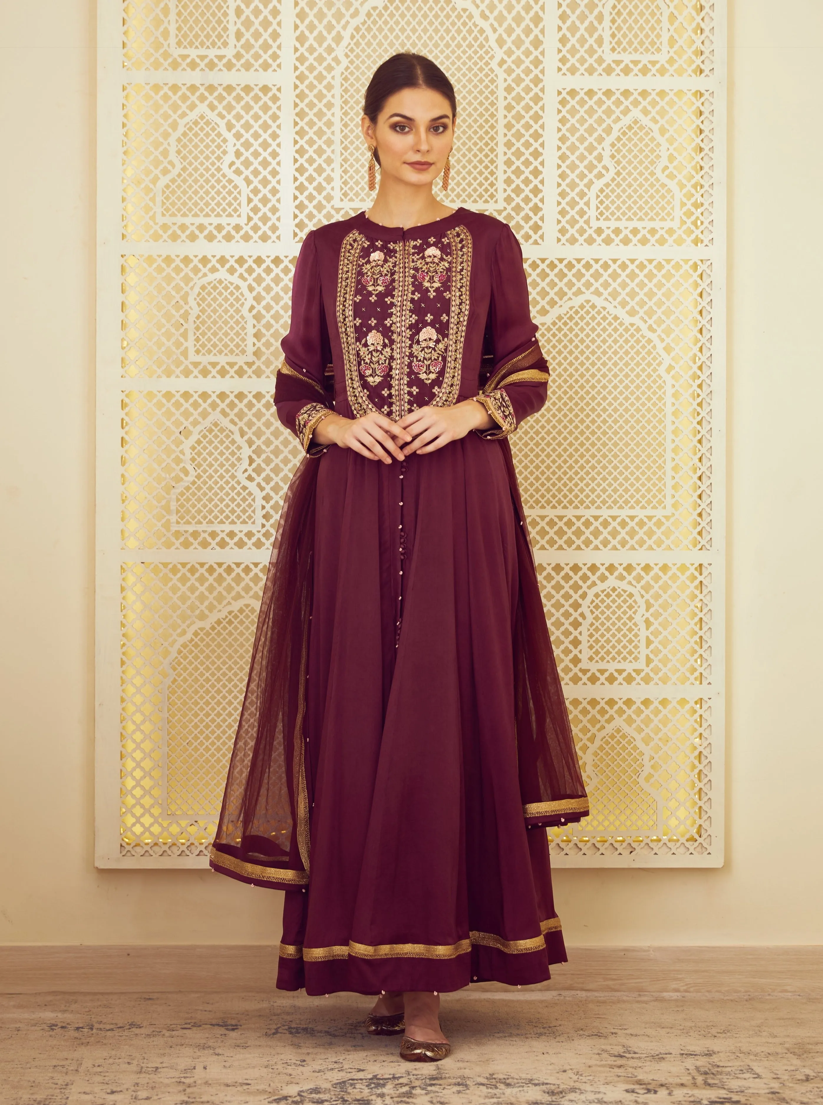 Wine Anarkali With Trouser