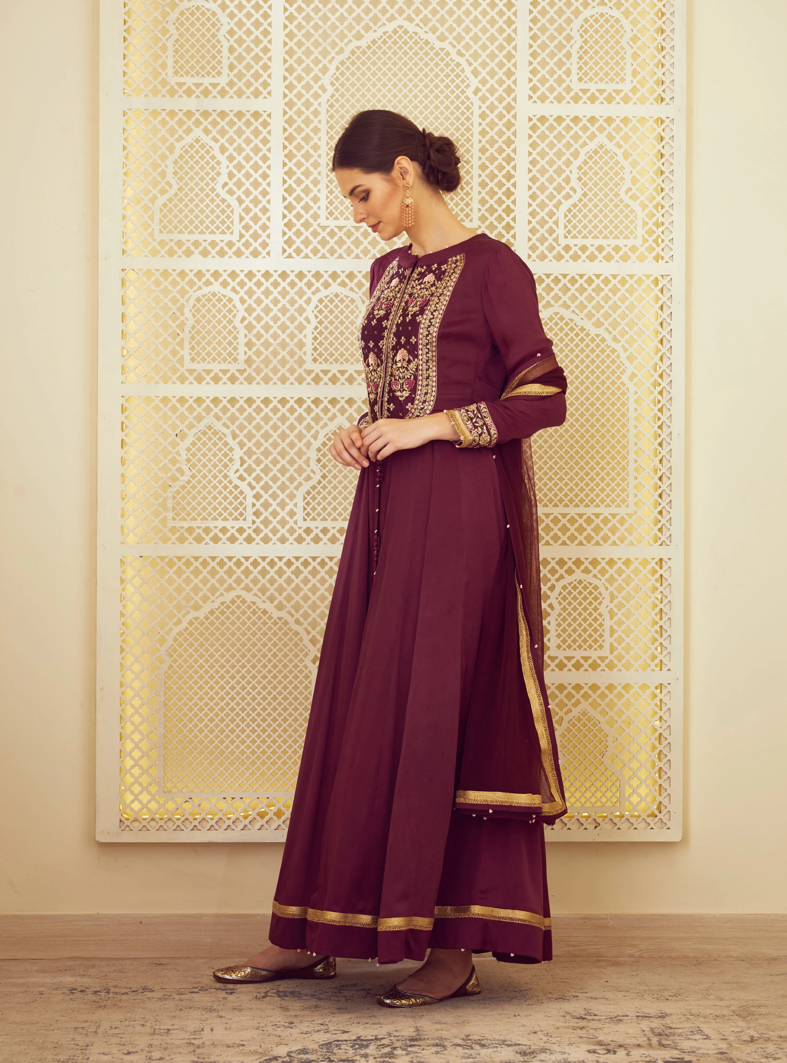Wine Anarkali With Trouser