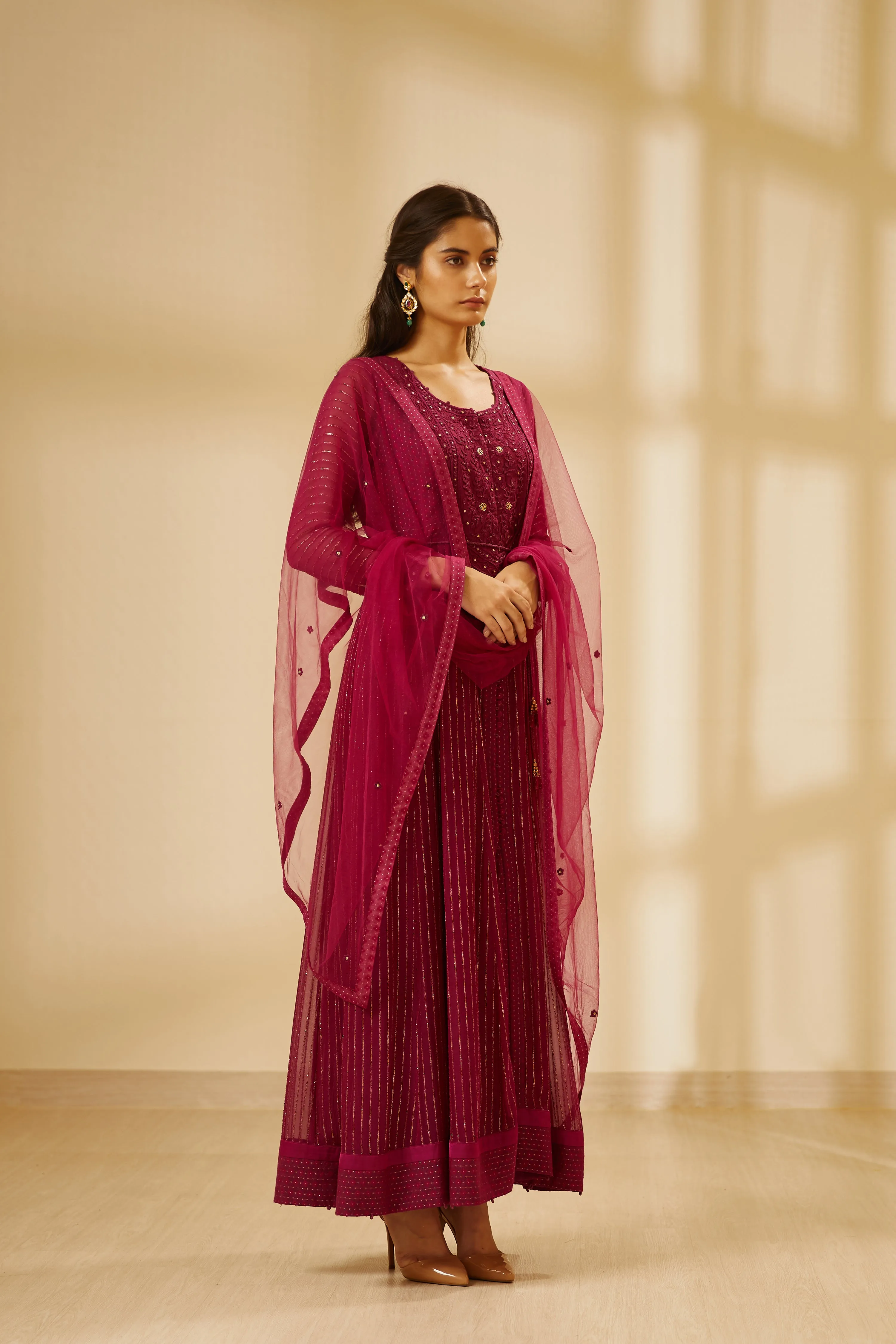 Wine Embroidered Long Kurta Set