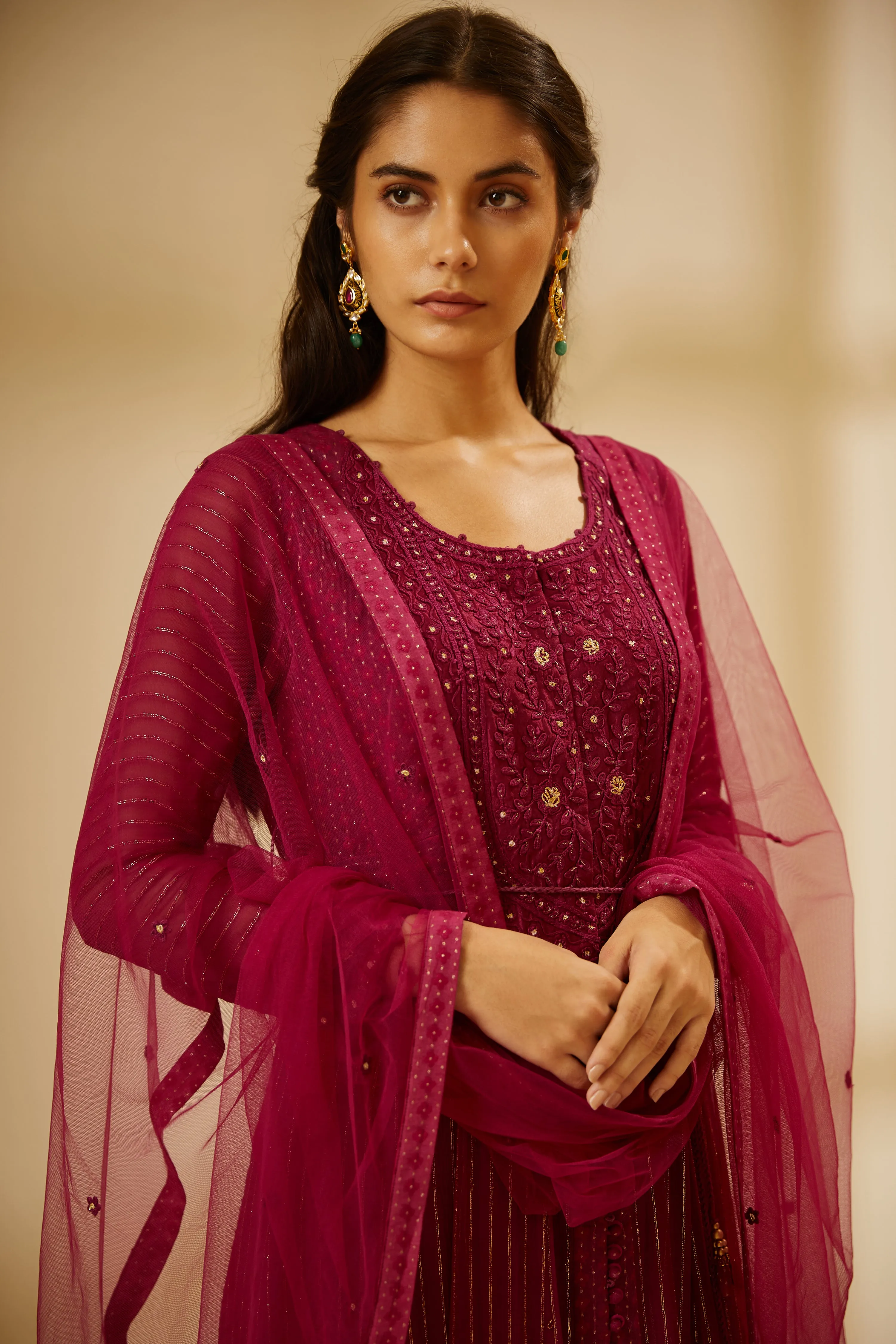 Wine Embroidered Long Kurta Set