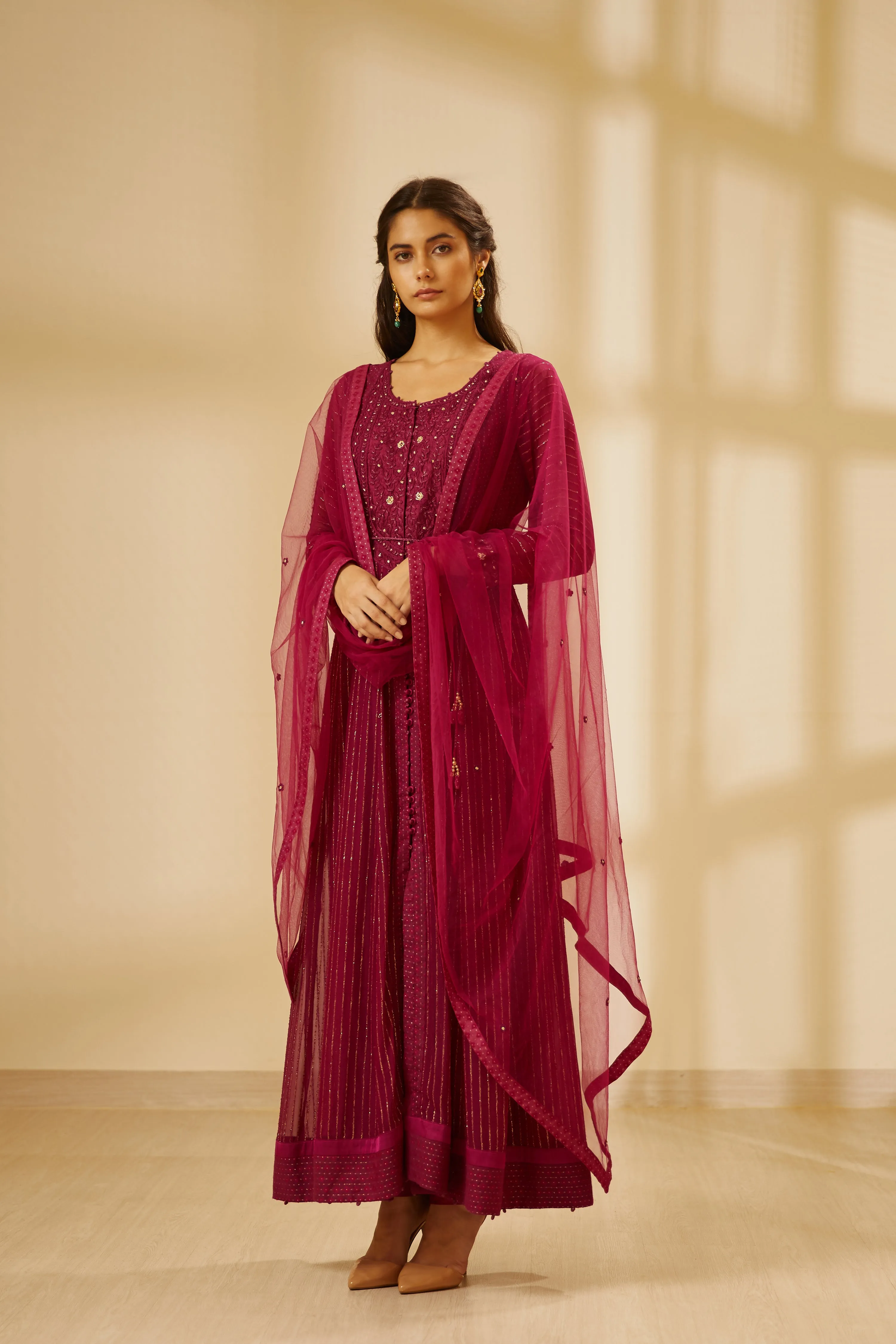Wine Embroidered Long Kurta Set