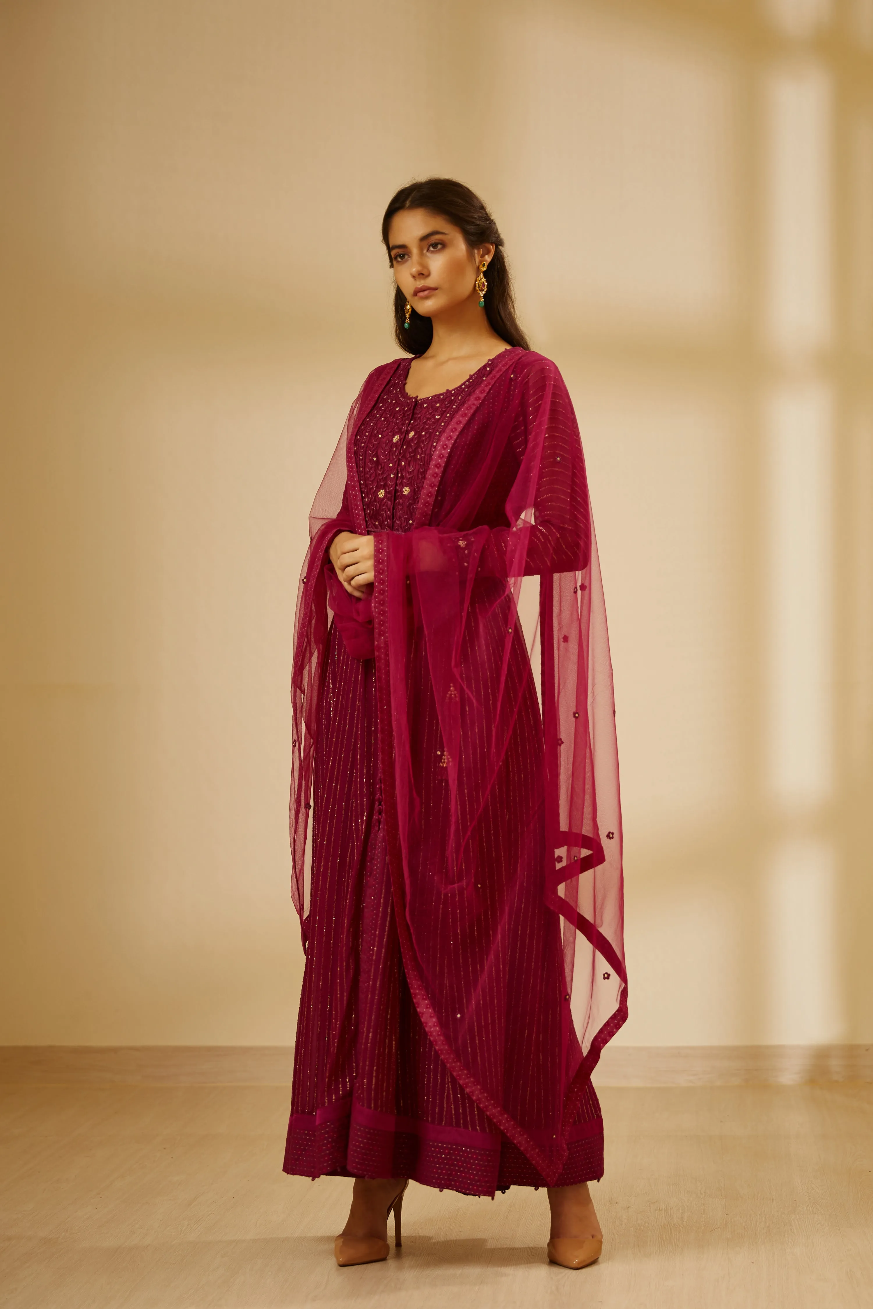 Wine Embroidered Long Kurta Set