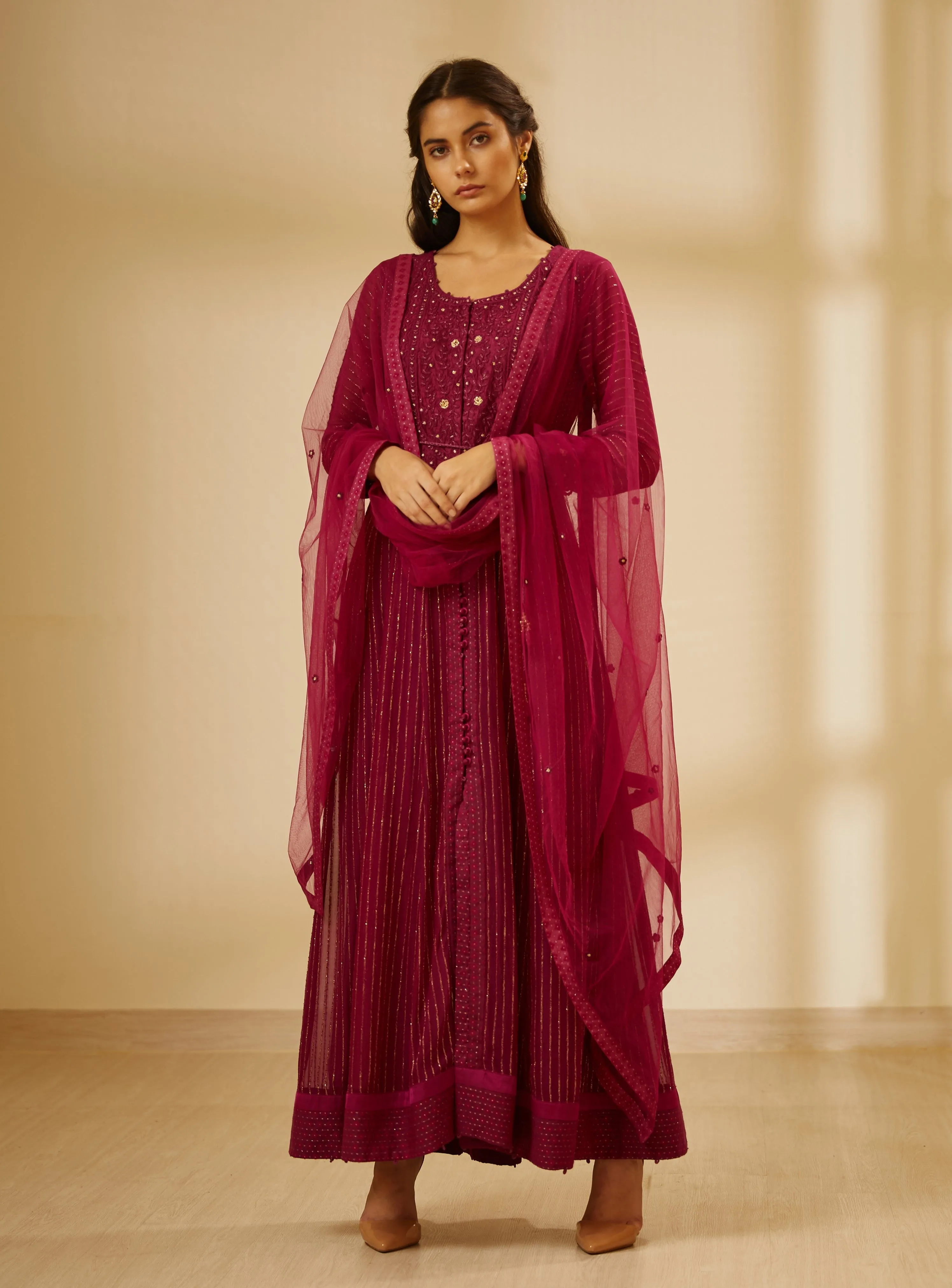 Wine Embroidered Long Kurta Set