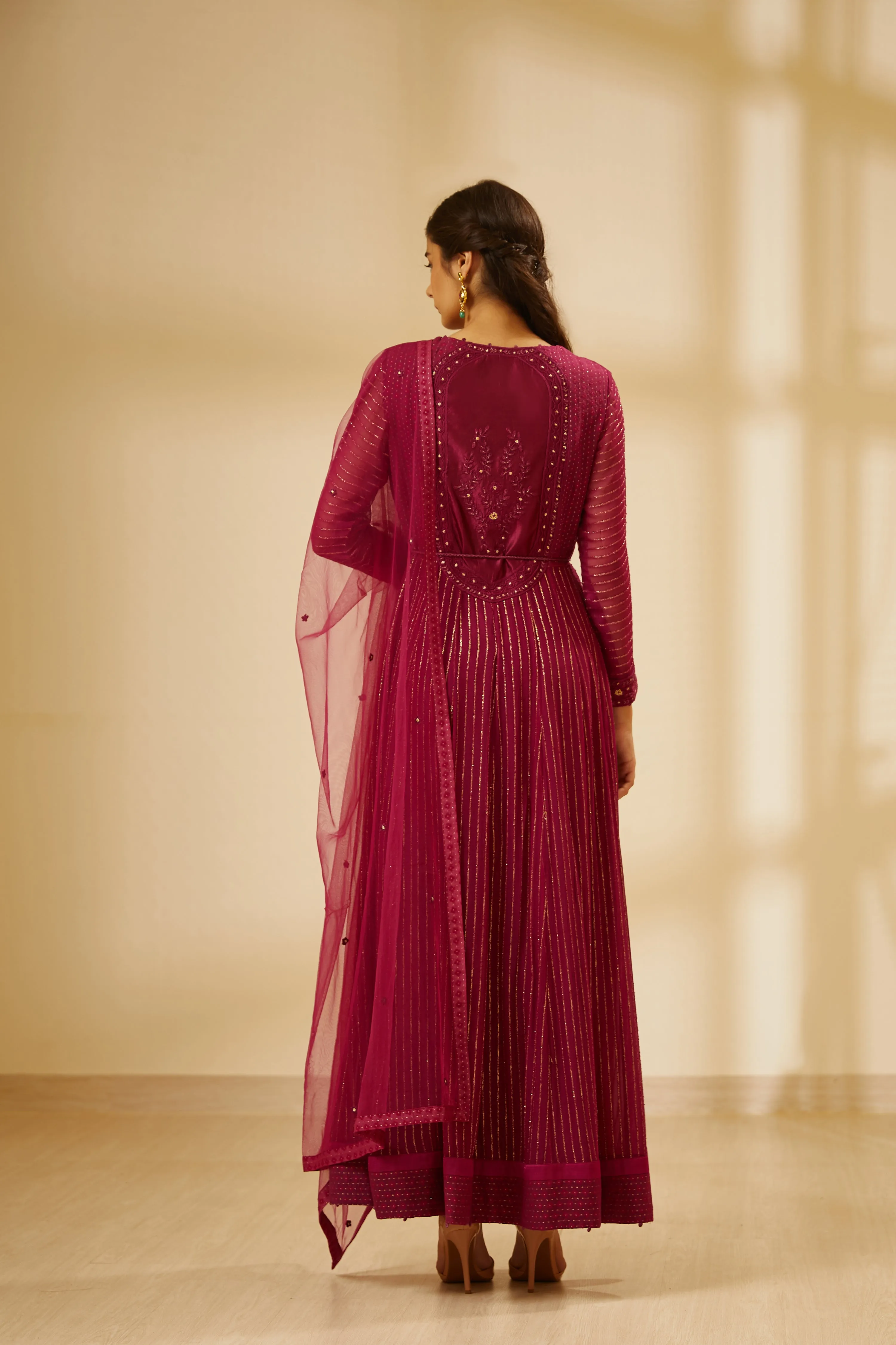 Wine Embroidered Long Kurta Set