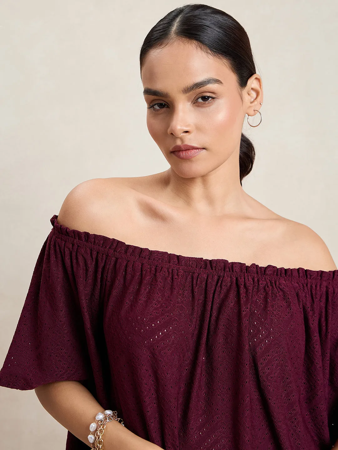 Wine Knitted Schiffli Off-Shoulder Top