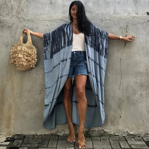 Women Black Tie Dye Kimono Swimsuit Cape