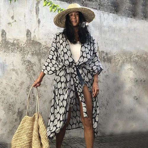 Women Black Tie Dye Kimono Swimsuit Cape