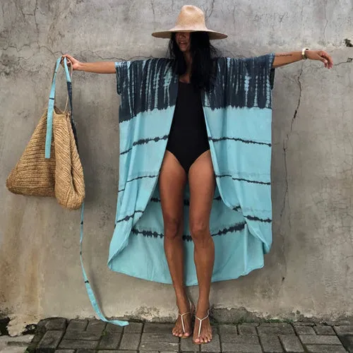 Women Black Tie Dye Kimono Swimsuit Cape