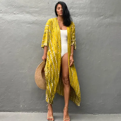 Women Black Tie Dye Kimono Swimsuit Cape