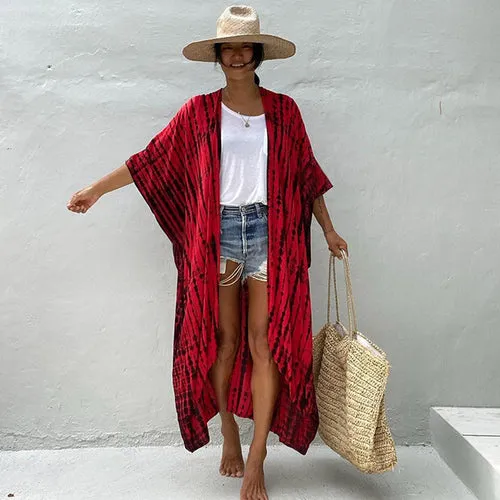 Women Black Tie Dye Kimono Swimsuit Cape