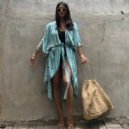Women Black Tie Dye Kimono Swimsuit Cape