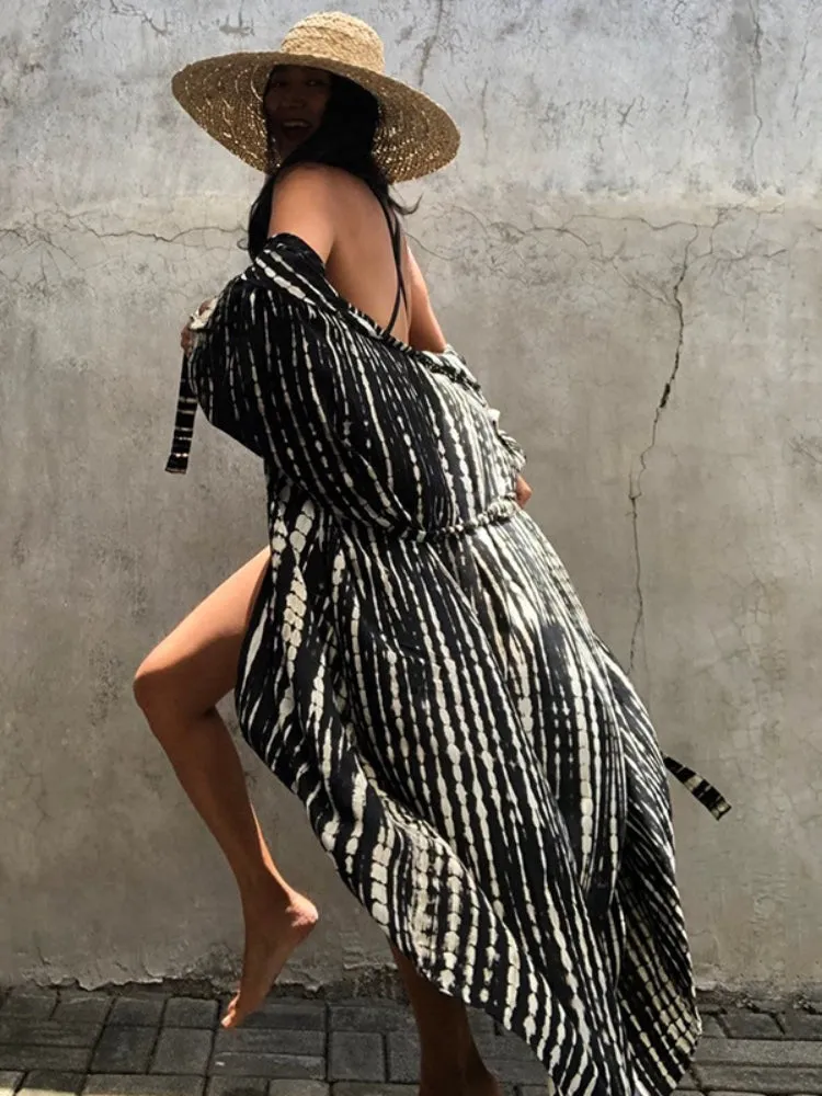 Women Black Tie Dye Kimono Swimsuit Cape