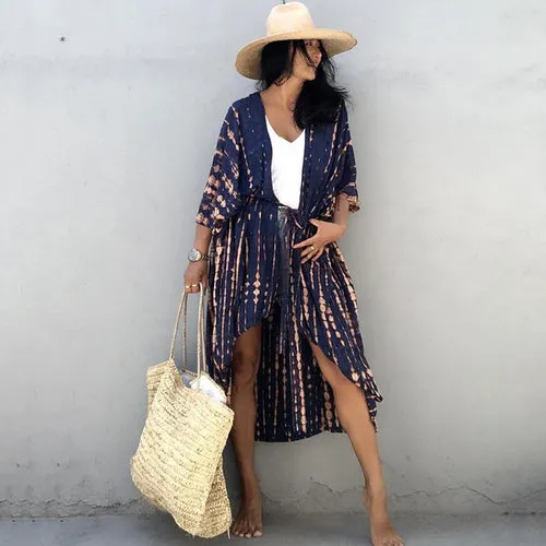 Women Black Tie Dye Kimono Swimsuit Cape