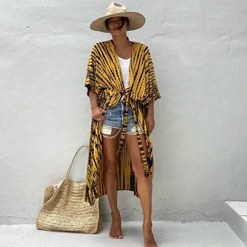 Women Black Tie Dye Kimono Swimsuit Cape