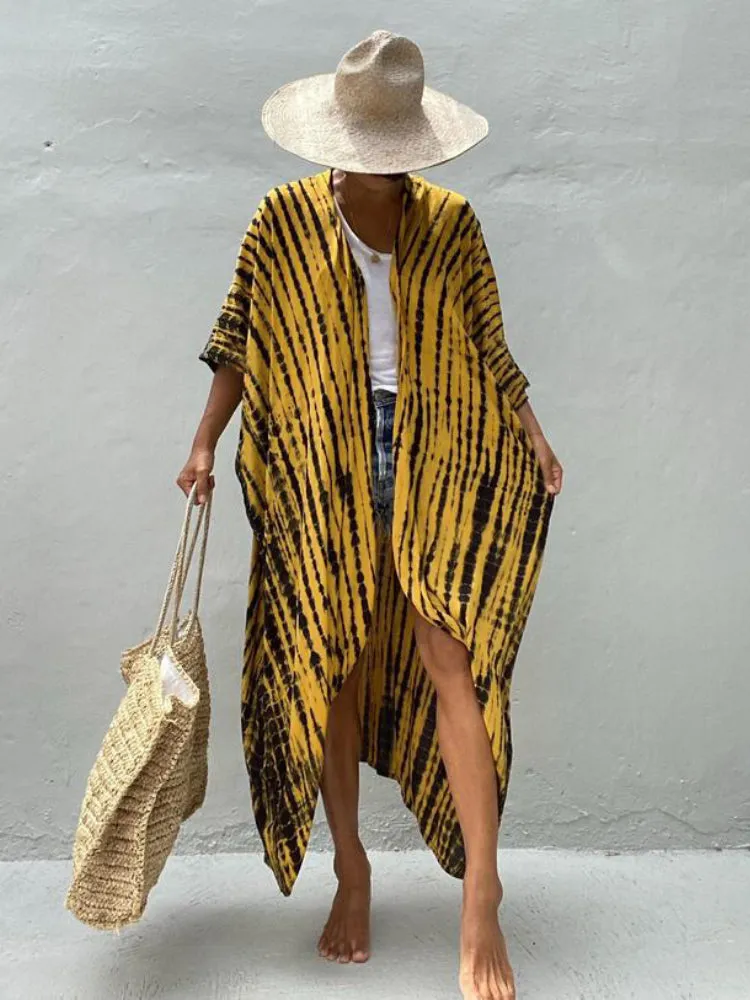 Women Black Tie Dye Kimono Swimsuit Cape