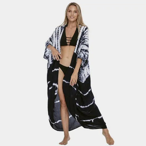 Women Black Tie Dye Kimono Swimsuit Cape