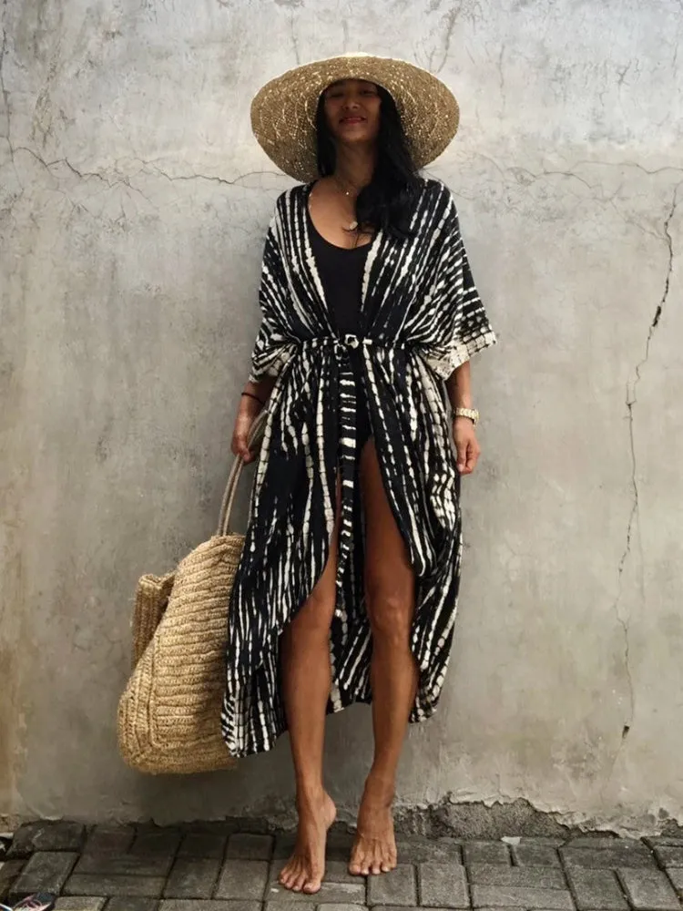 Women Black Tie Dye Kimono Swimsuit Cape
