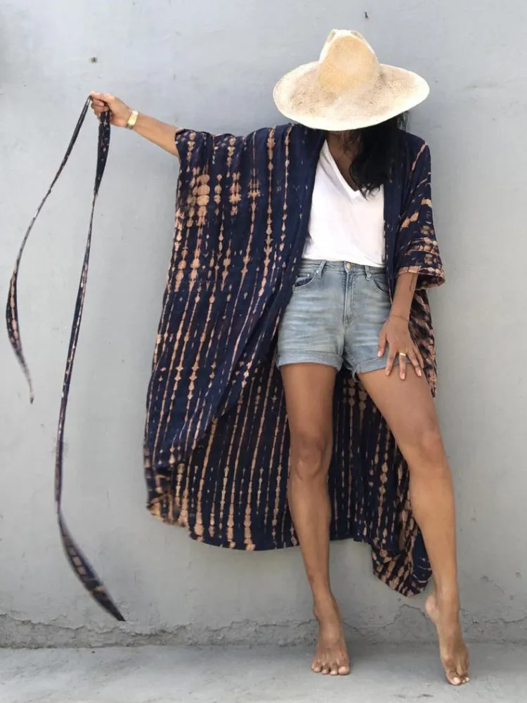 Women Black Tie Dye Kimono Swimsuit Cape