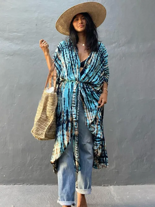 Women Black Tie Dye Kimono Swimsuit Cape
