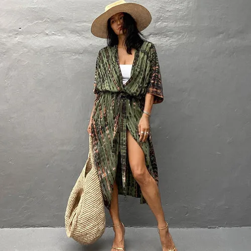 Women Black Tie Dye Kimono Swimsuit Cape