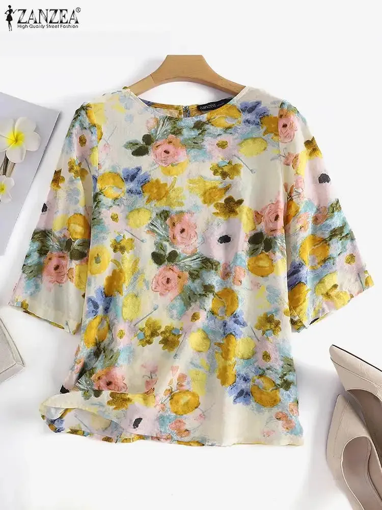 Women Cotton Linen Blouses Summer Bohemian Floral Printed Blusas Fashion 3/4 Sleeve O-Neck Top Casual Loose Shirts