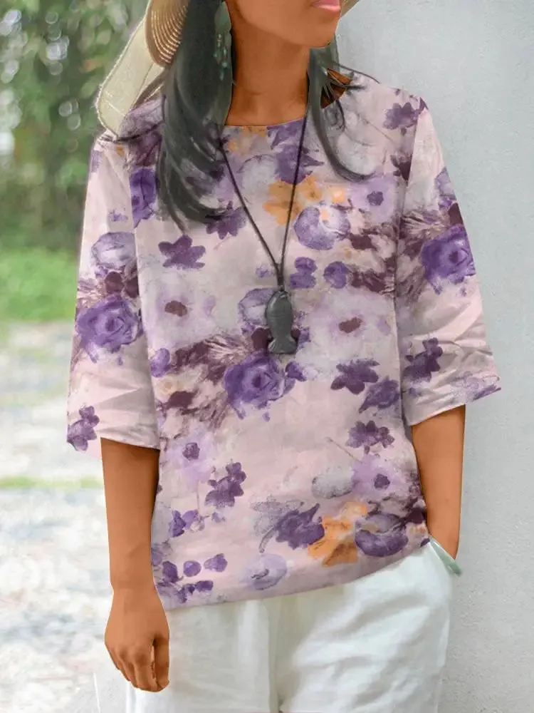 Women Cotton Linen Blouses Summer Bohemian Floral Printed Blusas Fashion 3/4 Sleeve O-Neck Top Casual Loose Shirts