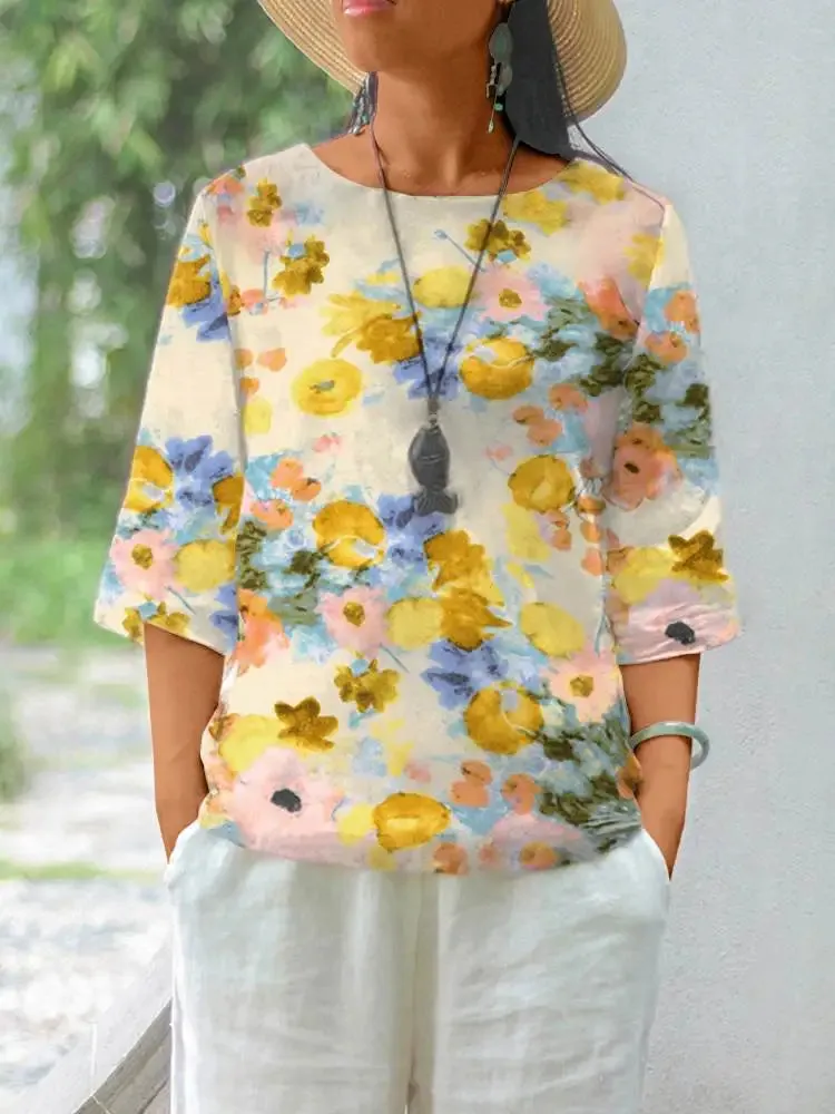 Women Cotton Linen Blouses Summer Bohemian Floral Printed Blusas Fashion 3/4 Sleeve O-Neck Top Casual Loose Shirts
